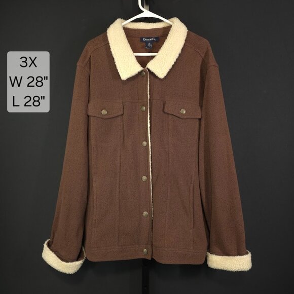 NWT Denim & Co Jacket Womens Plus 3X Brown Sherpa Collar Fleece Trucker Coat Coz - Picture 1 of 6